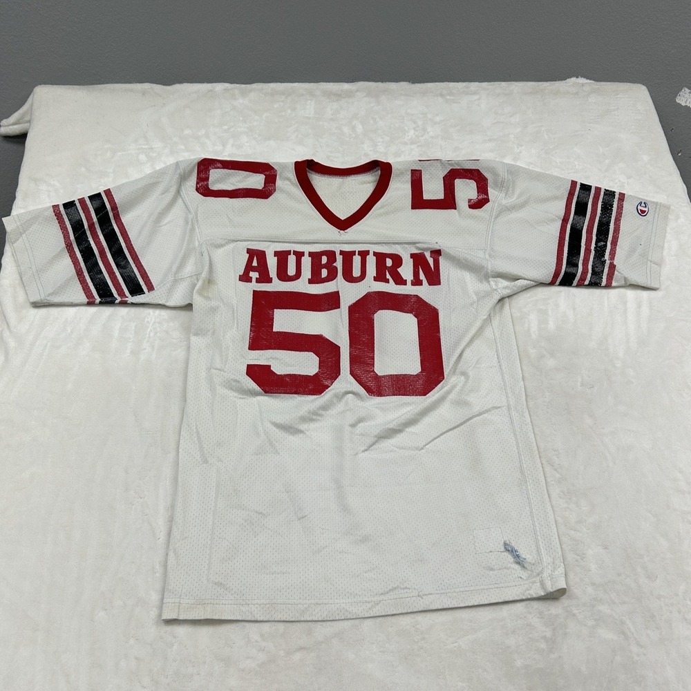 80s Champion Football Jersey Mens XL White Auburn Tigers 50 Mesh Vintage V-Neck